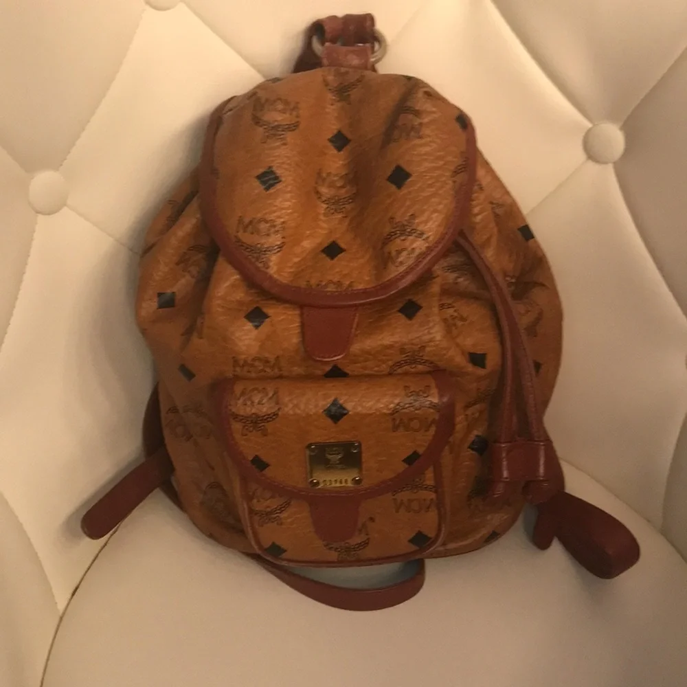 MCM Cognac Visetos Logo Leather Drawstring Backpack